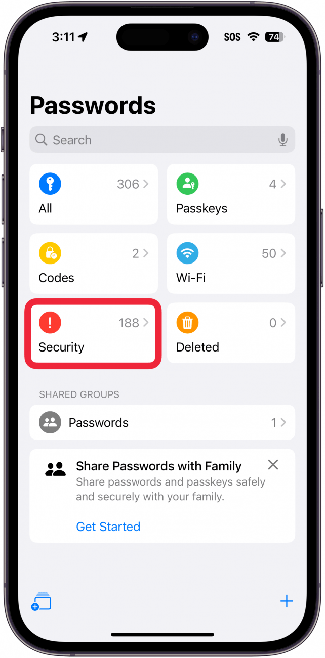 iphone passwords app with a red box around security