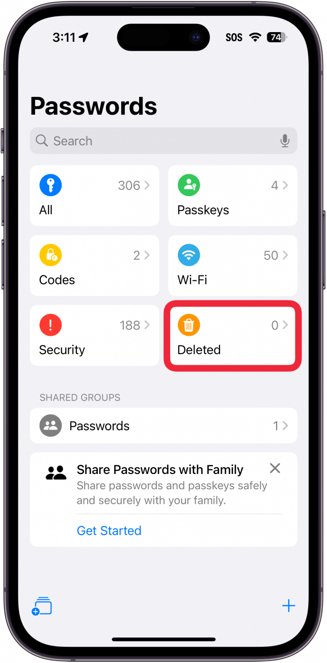 iphone passwords app with a red box around deleted