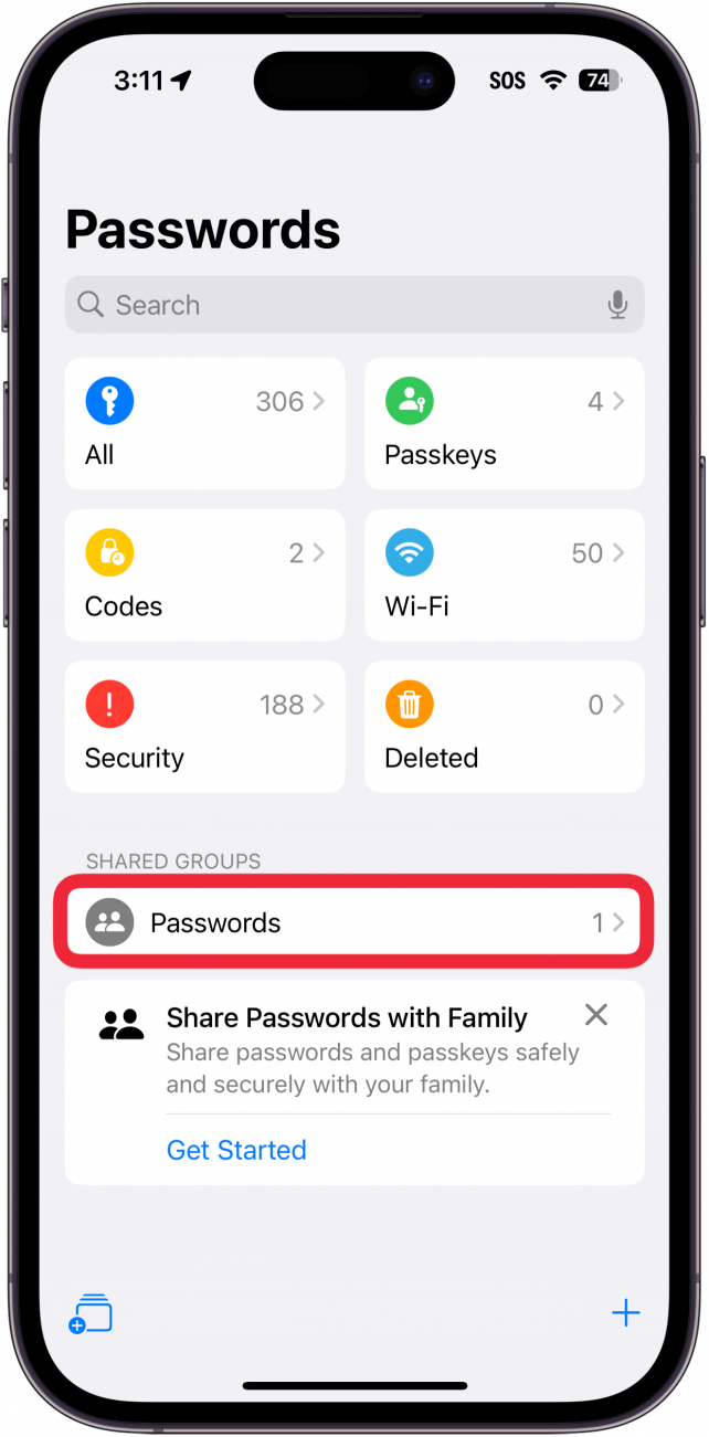 iphone passwords app with a red box around shared password group