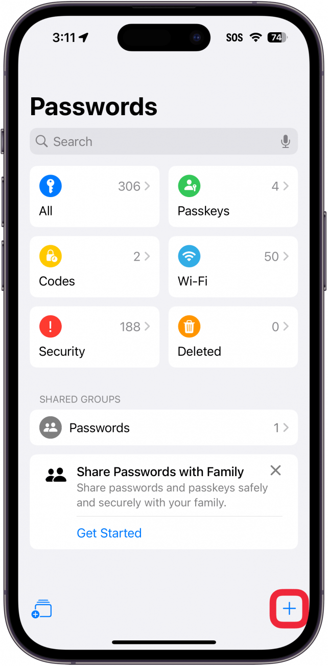 iphone passwords app with a red box around new password button (plus icon)