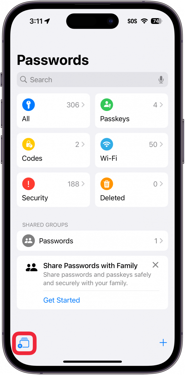 iphone passwords app with a red box around new shared group button