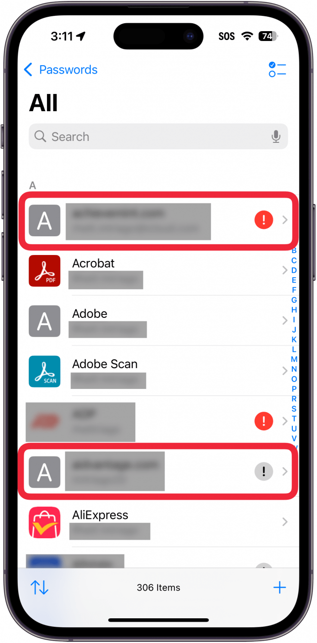 iphone passwords app all passwords list with a red box around two passwords, one with a red exclamation and one with a gray exclamation