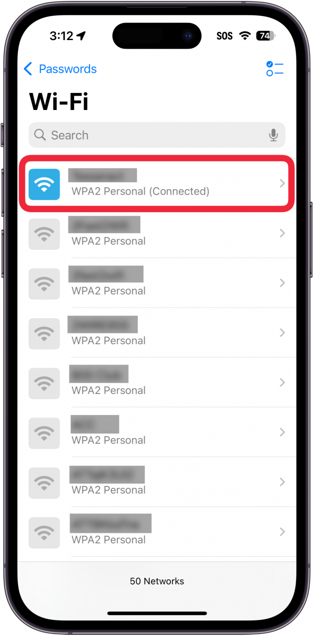 iphone passwords app wifi screen with a red box around a wifi network at the top of the list