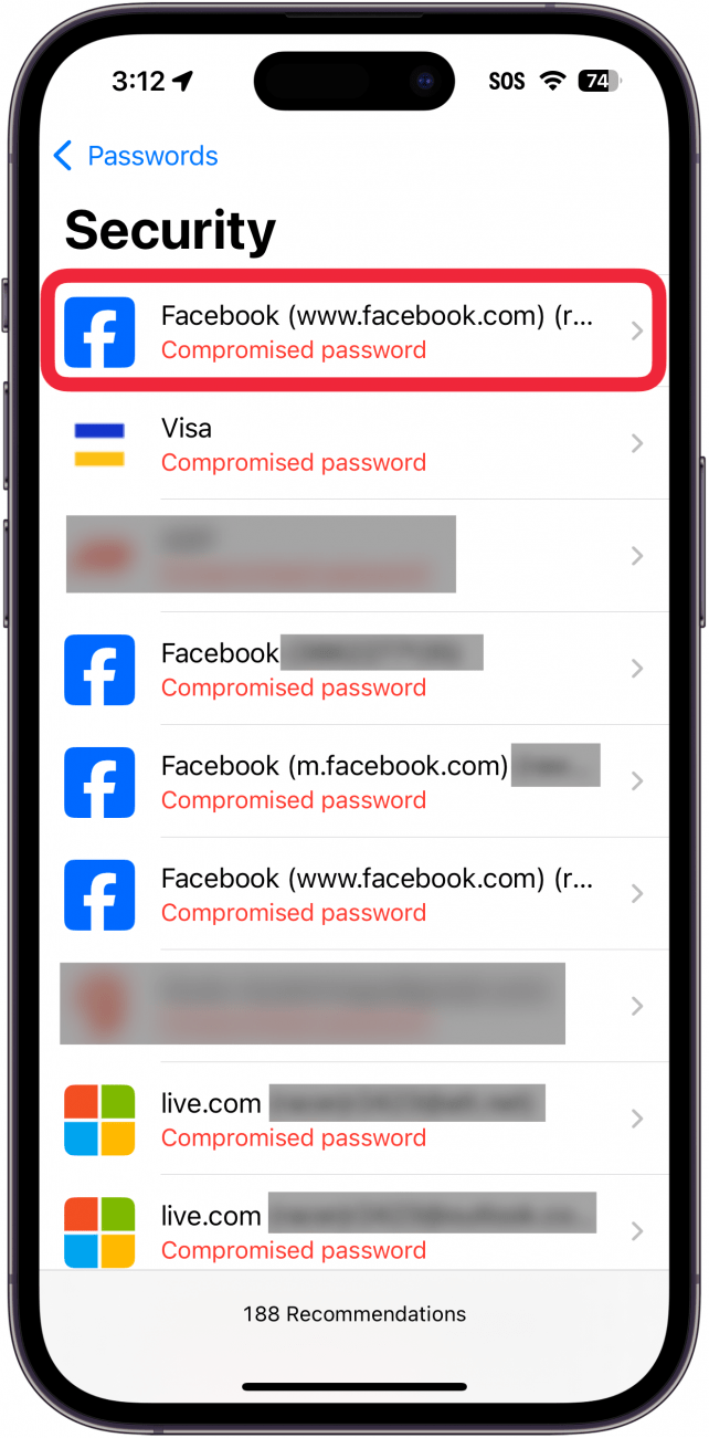 iphone passwords app security screen with a red box around a facebook password at the top of the list that is marked as compromised