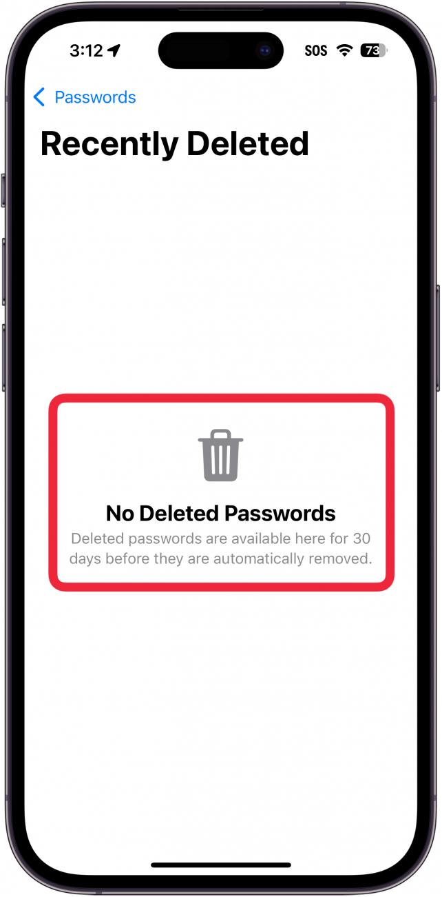 iphone passwords app deleted passwords folder with a red box around the description of what this folder does