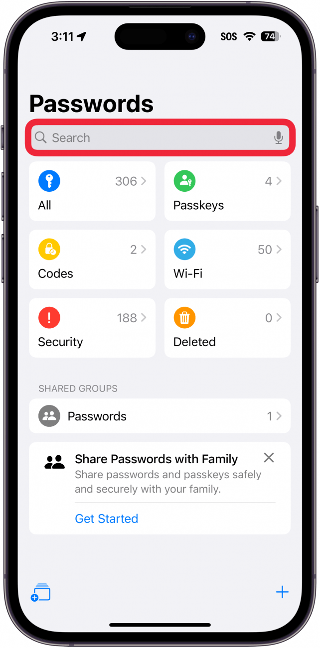 iphone passwords app with a red box around search bar