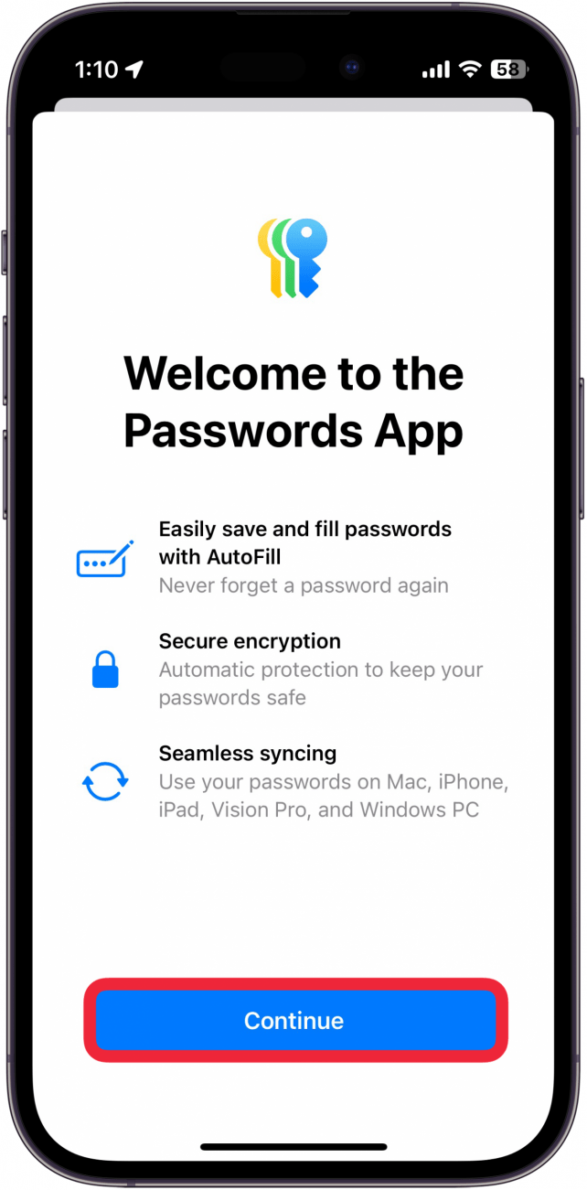 iphone passwords app intro screen with a red box around continue button