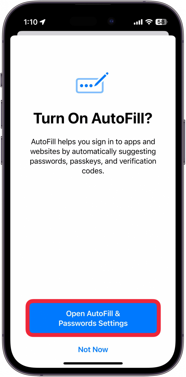 iphone passwords app intro screen with a red box around open autofill & password settings