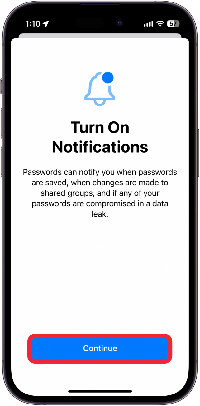 iphone passwords app notification request with a red box around continue button