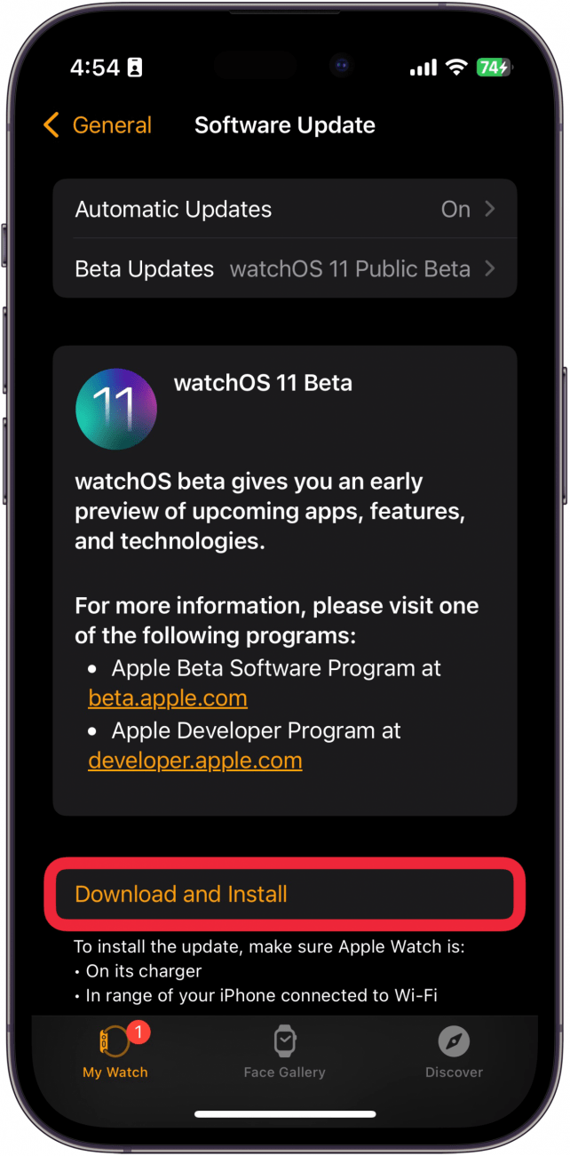 iphone watch app software update screen with a red box around download and install button