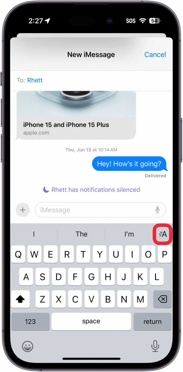 iphone messages app with a red box around text effects button