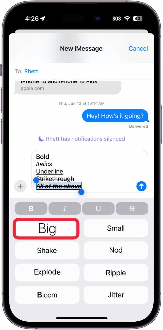 iphone messages app displaying different text effects with a red box around big