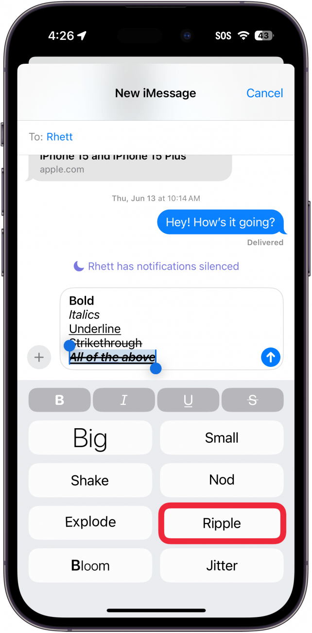 iphone messages app displaying different text effects with a red box around ripple