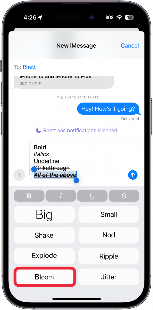 iphone messages app displaying different text effects with a red box around bloom