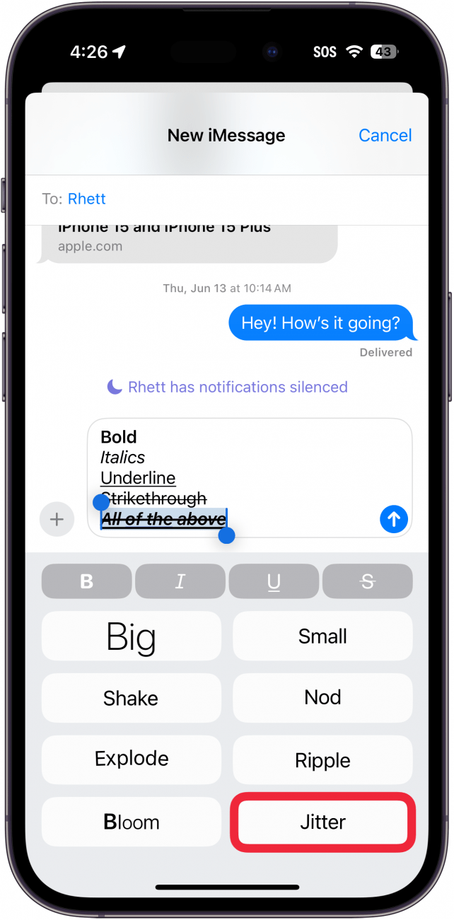 iphone messages app displaying different text effects with a red box around jitter