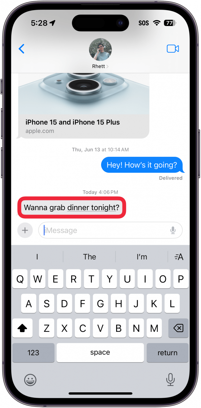 iphone messages app with a red box around text message bubble