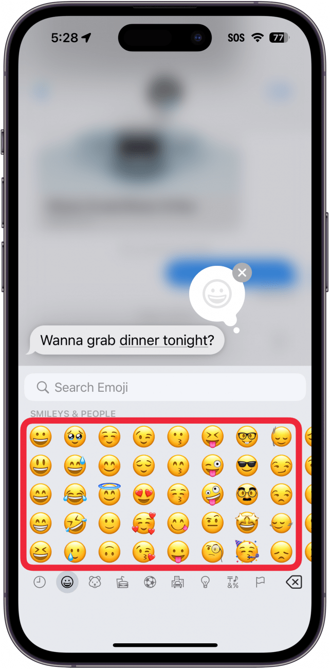 iphone messages app tapback menu displaying emojis keyboard, with a red box around emojis