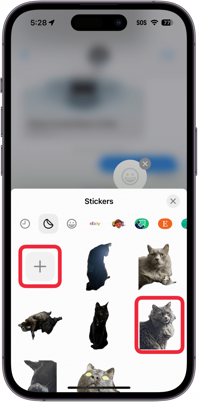 iphone messages app tapback menu displaying stickers keyboard with a red box around a sticker of a cat and a red box around the new sticker button