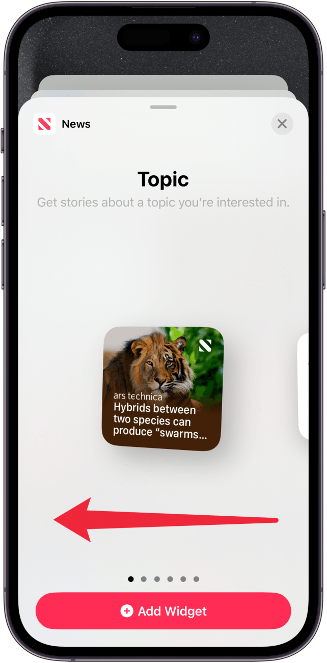 iphone news widget customization with a red arrow pointing left, indicating for the user to swipe left