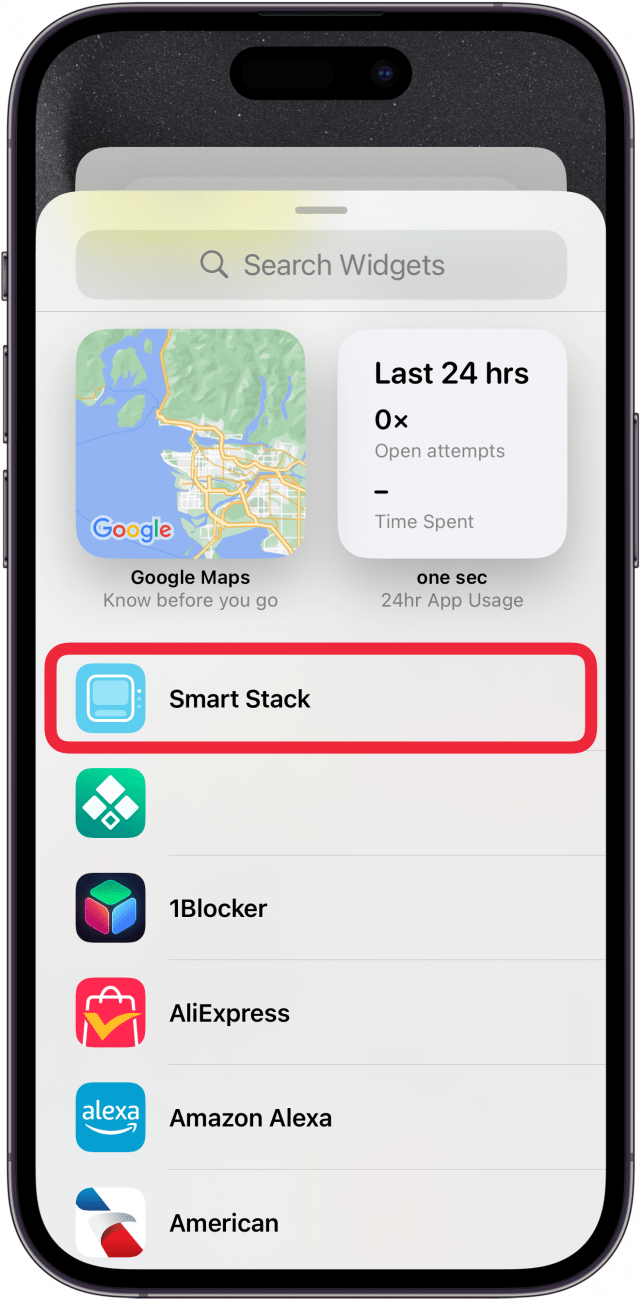 iphone widgets menu with a red box around smart stack