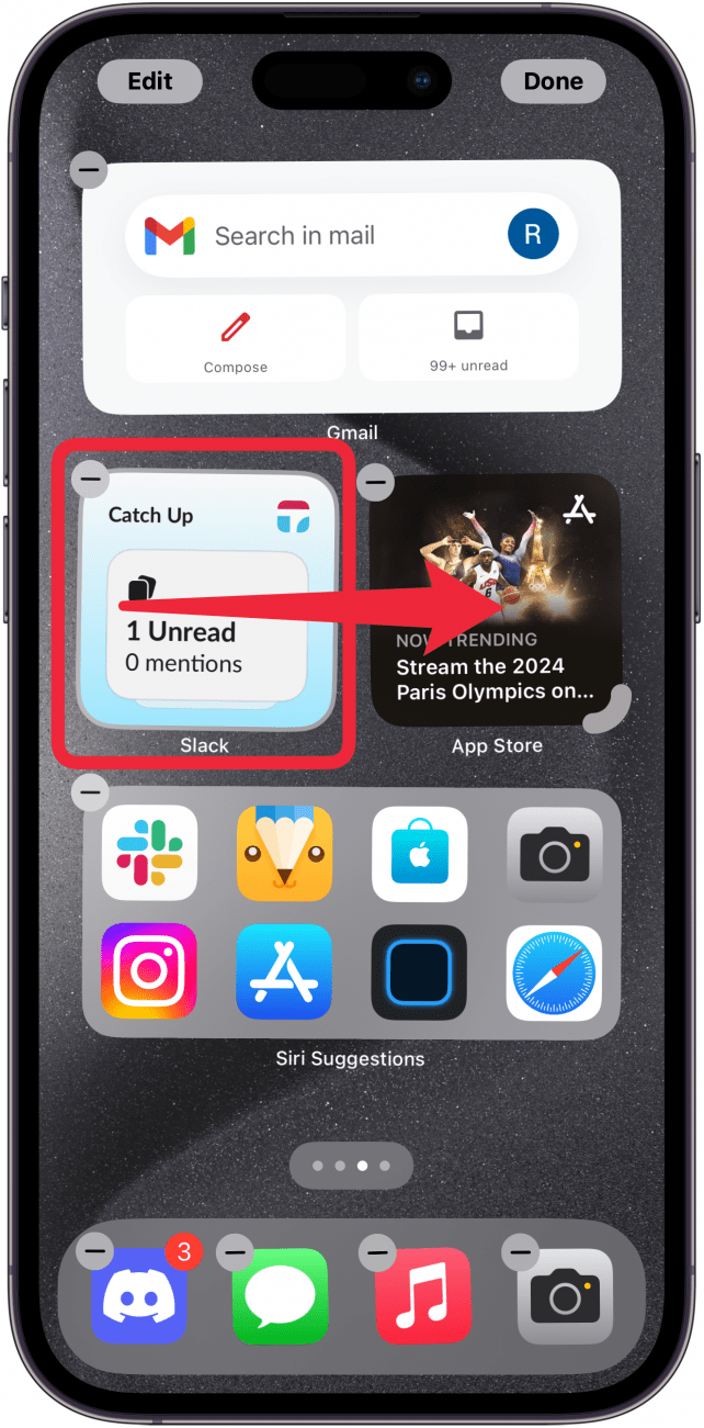 iphone home screen with a red box around a widget and a red arrow pointing to another widget, indicating to drag the widget on top of the other