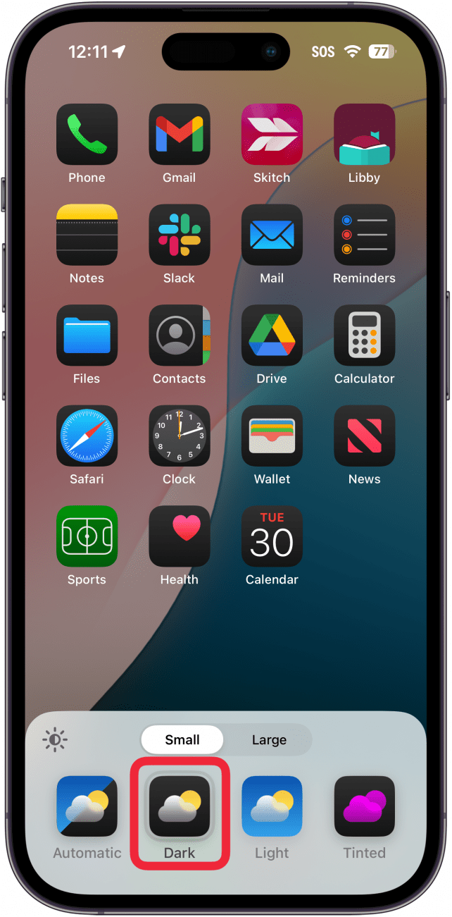 iphone home screen customization menu with a red box around dark icon setting