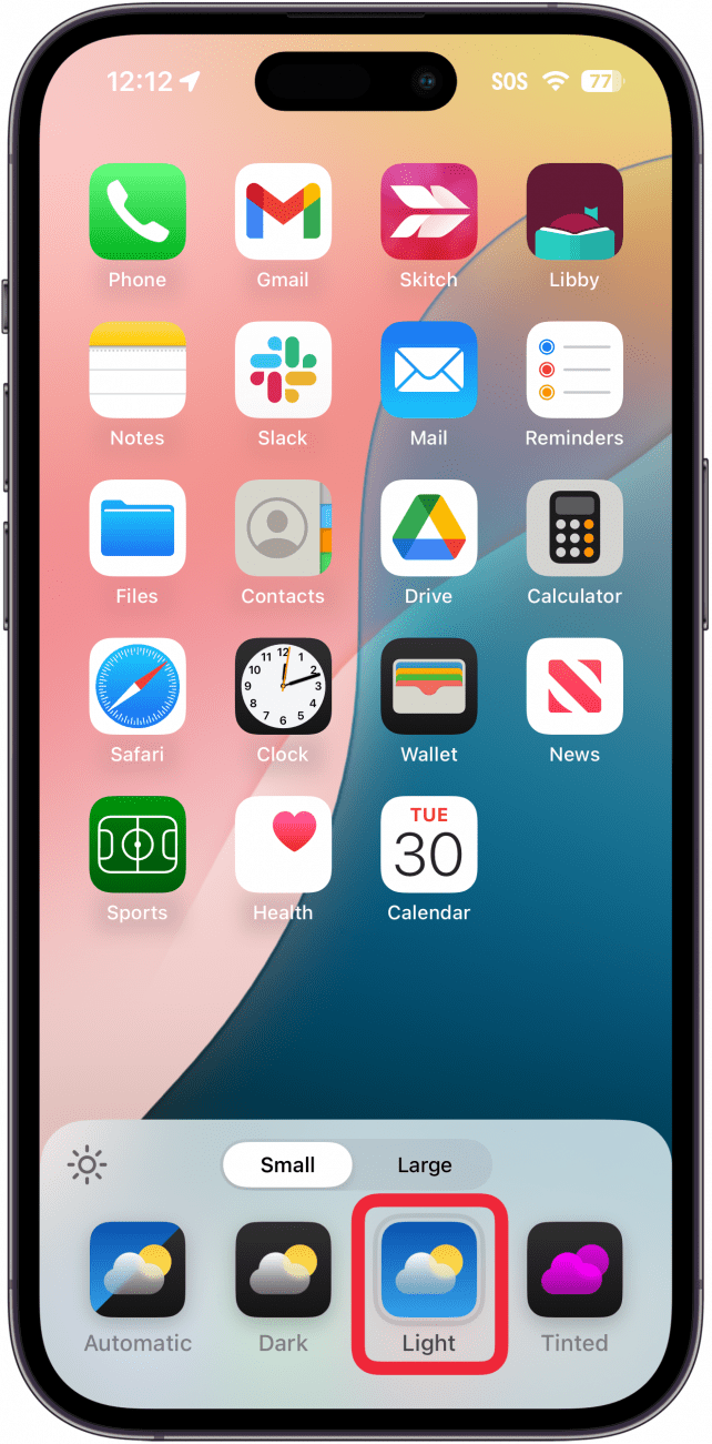 iphone home screen customization menu with a red box around light icon setting