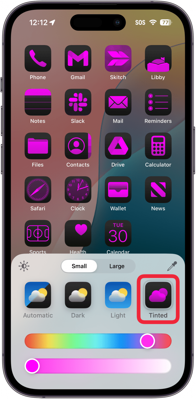 iphone home screen customization menu with a red box around tinted icon setting