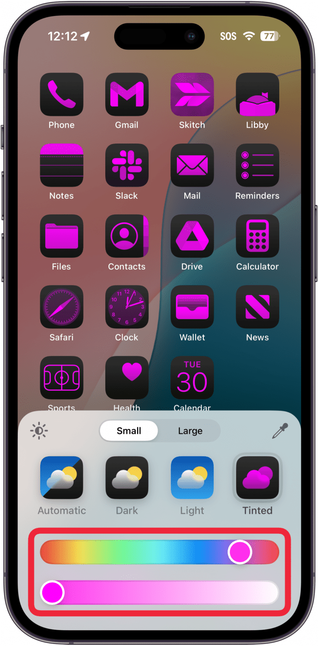 iphone home screen app tint customization menu with a red box around color sliders