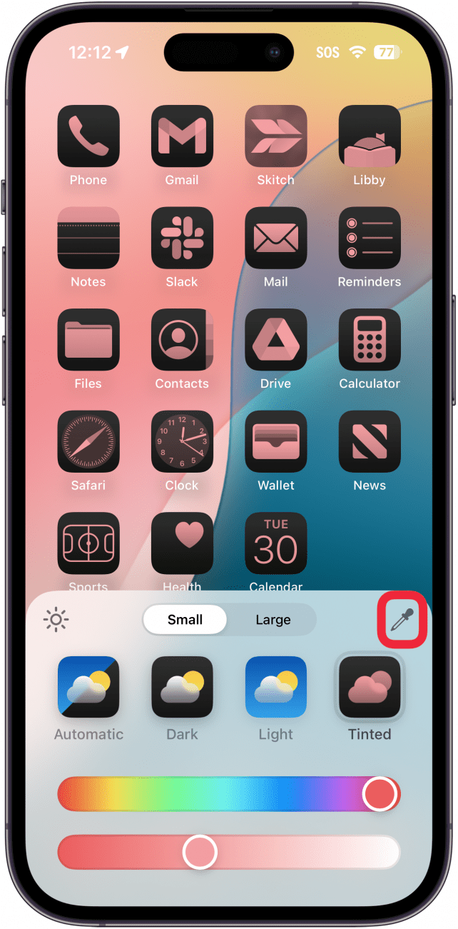 iphone home screen app tint customization menu with a red box around eyedropper tool