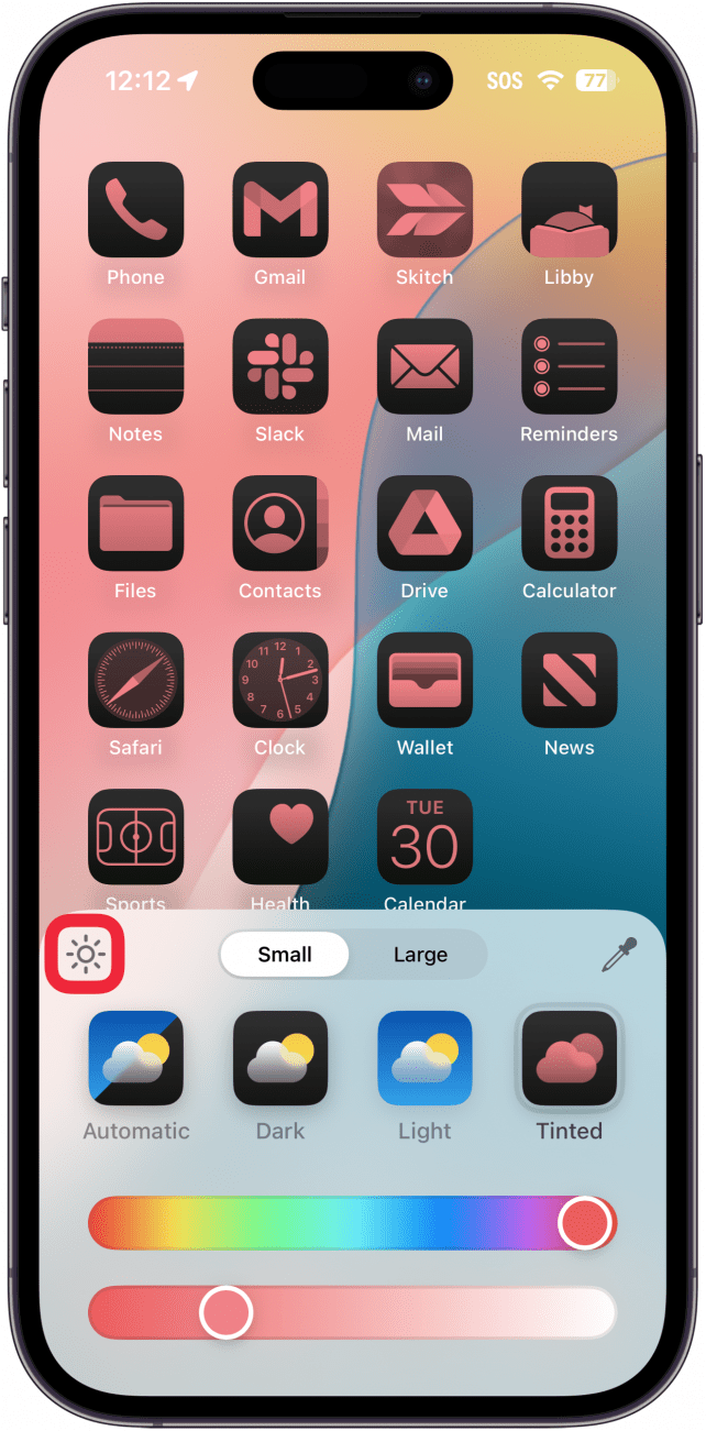 iphone home screen app tint customization menu with a red box around sun icon