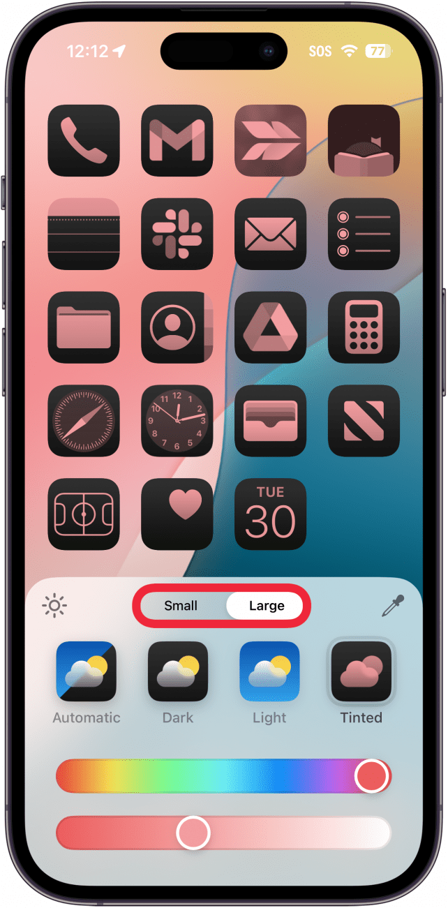 iphone home screen app tint customization menu with a red box around small and large icon buttons