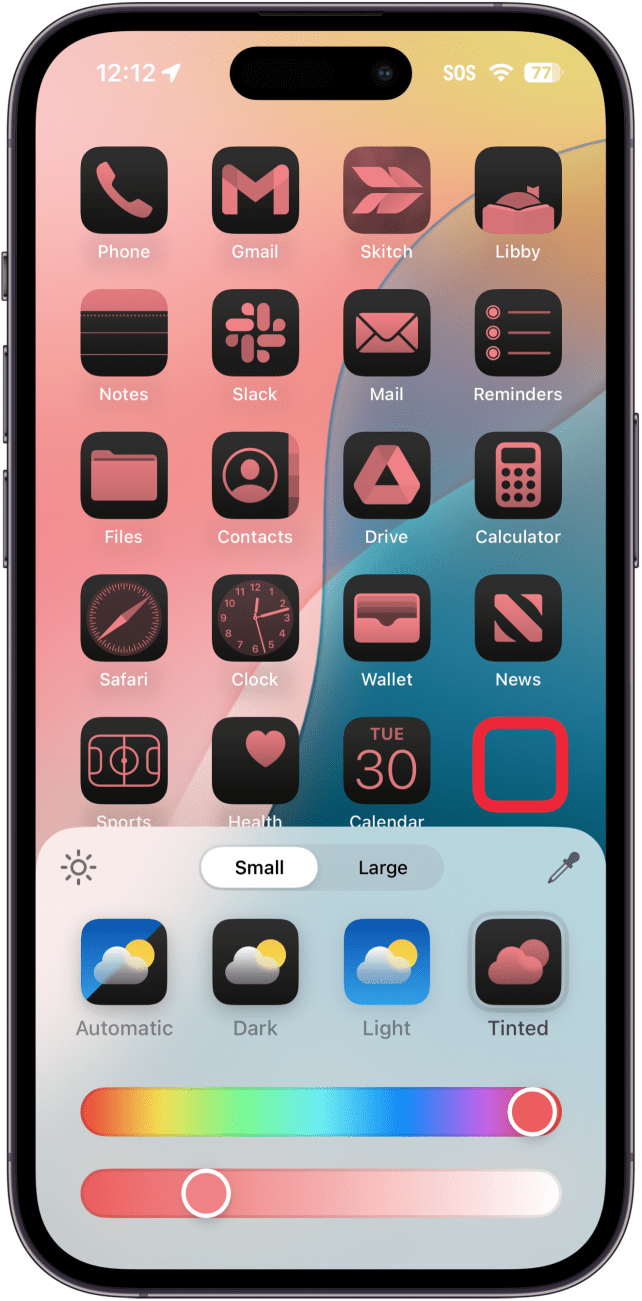 iphone home screen app tint customization menu with a red box around an empty space, indicating to tap there