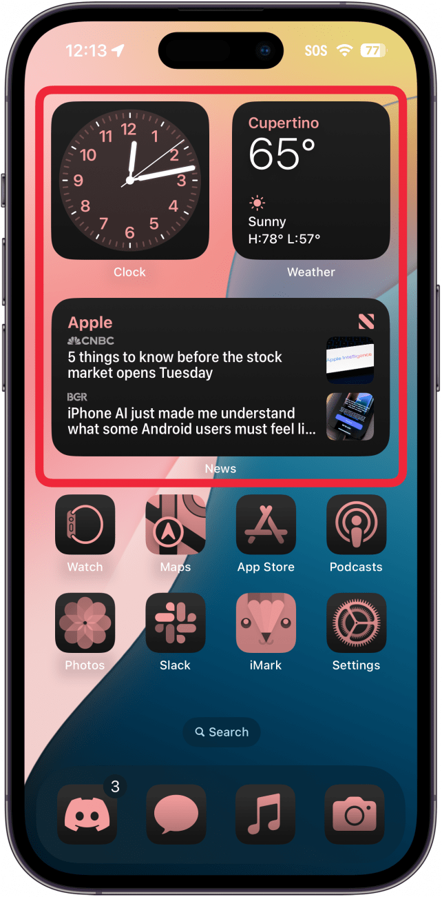 iphone home screen with tinted icons and widgets, with a red box around the widgets, indicating that the color customization options have applied to the widgets too