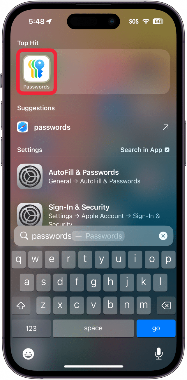 iphone spotlight search with a red box around passwords app