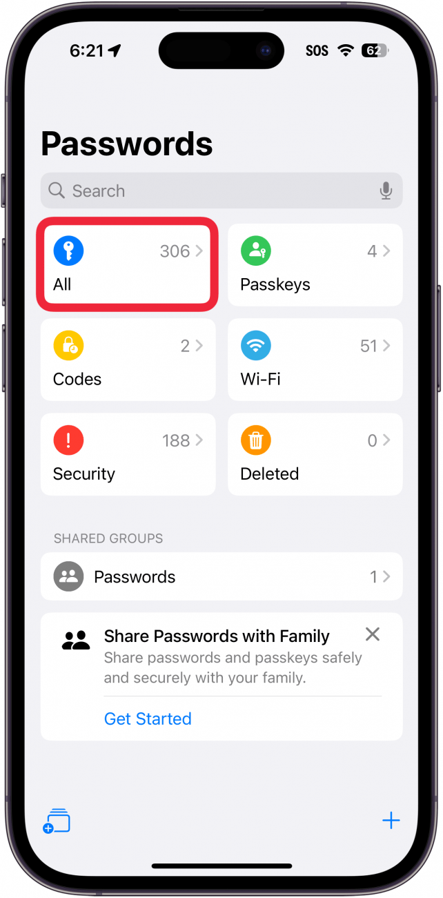 iphone passwords app main menu screen with a red box around all