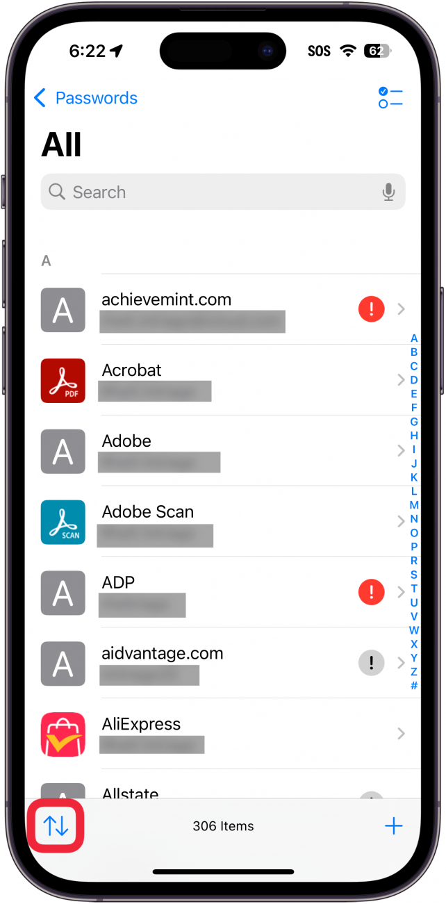 iphone passwords app all passwords menu with a red box around sort button (it looks like up and down arrows)