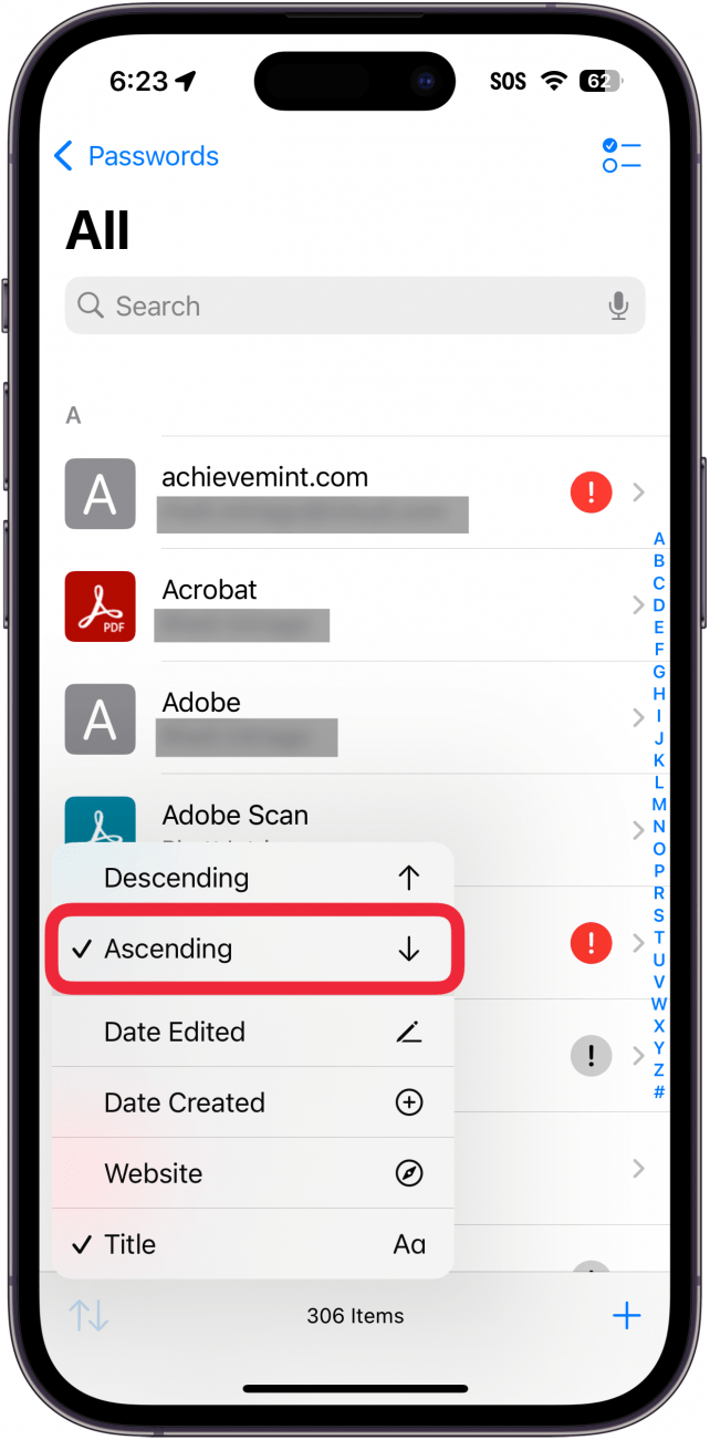 iphone passwords app all passwords menu displaying sort options with a red box around ascending