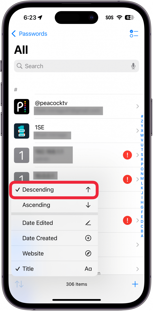 iphone passwords app all passwords menu displaying sort options with a red box around descending