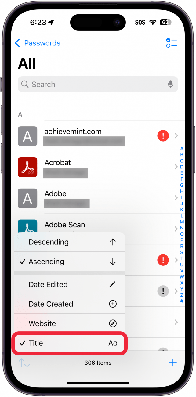 iphone passwords app all passwords menu displaying sort options with a red box around title