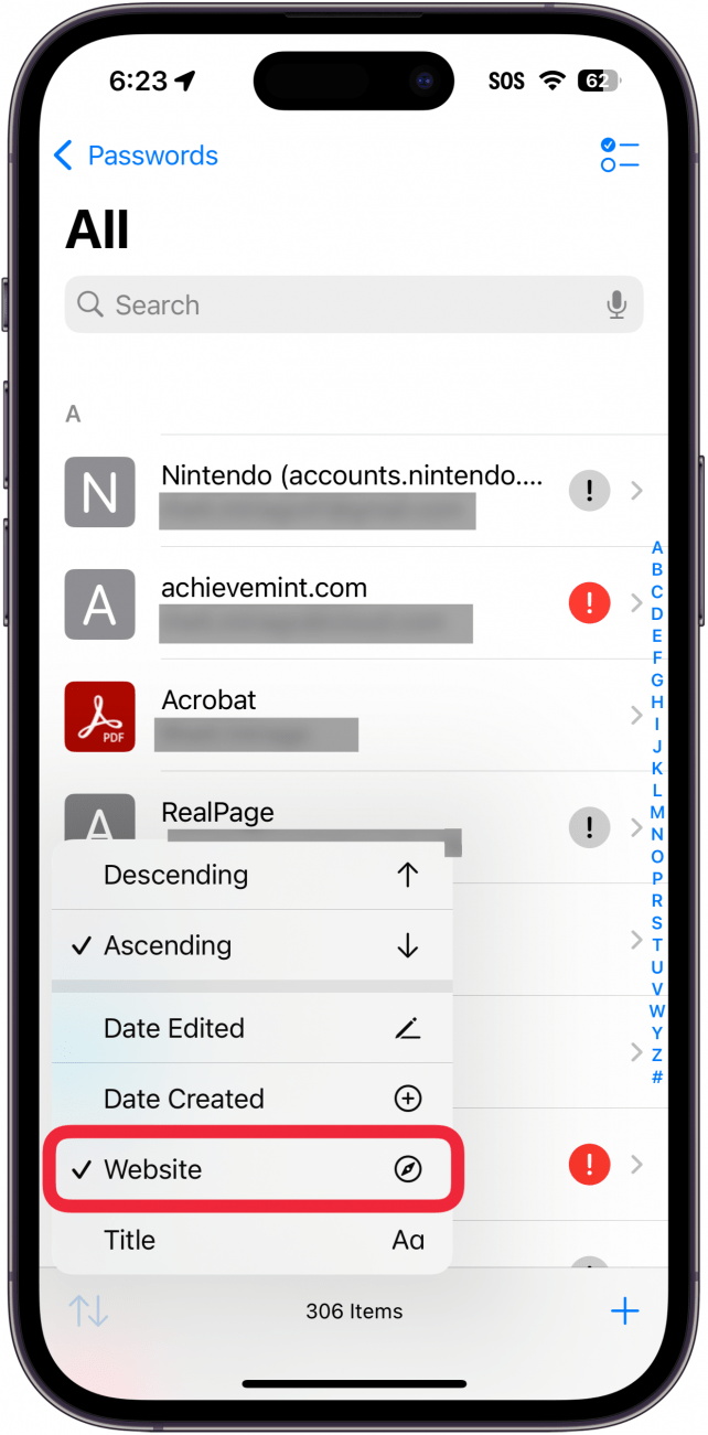 iphone passwords app all passwords menu displaying sort options with a red box around website