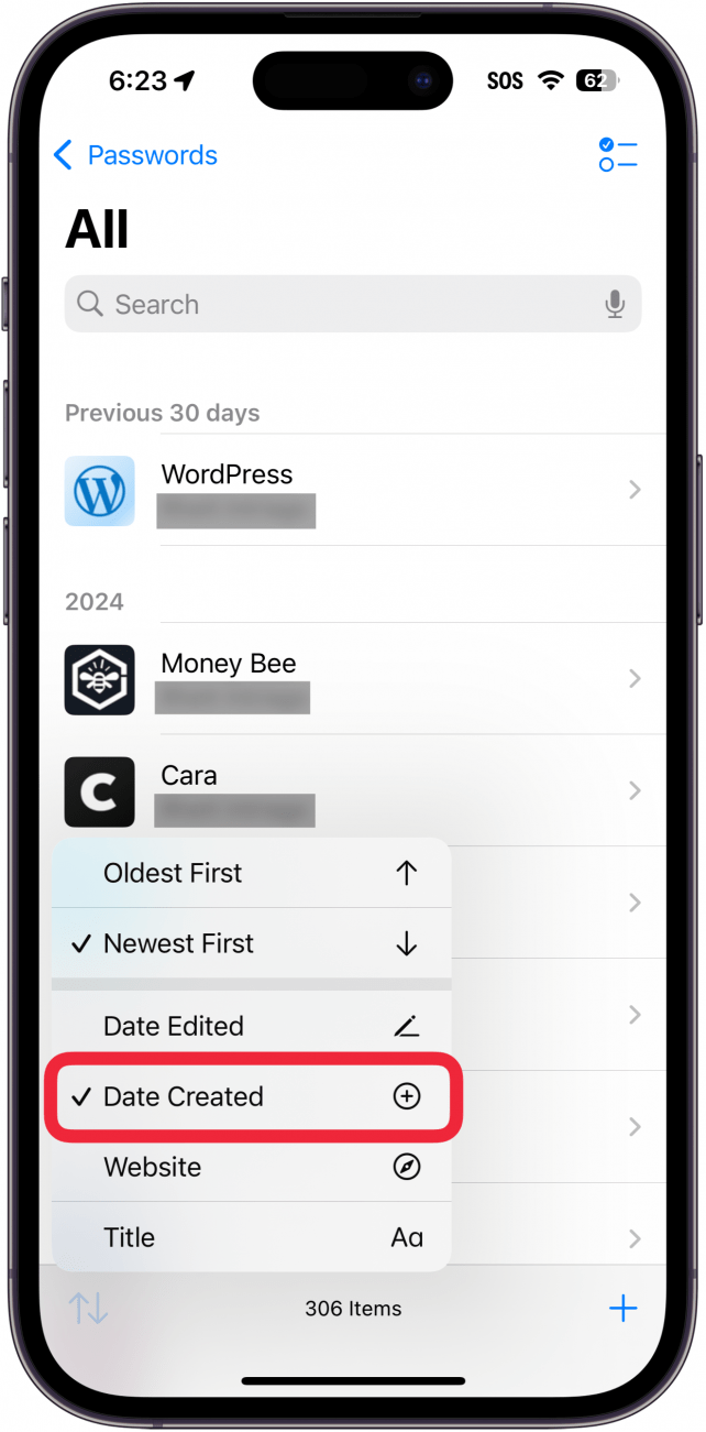 iphone passwords app all passwords menu displaying sort options with a red box around date created