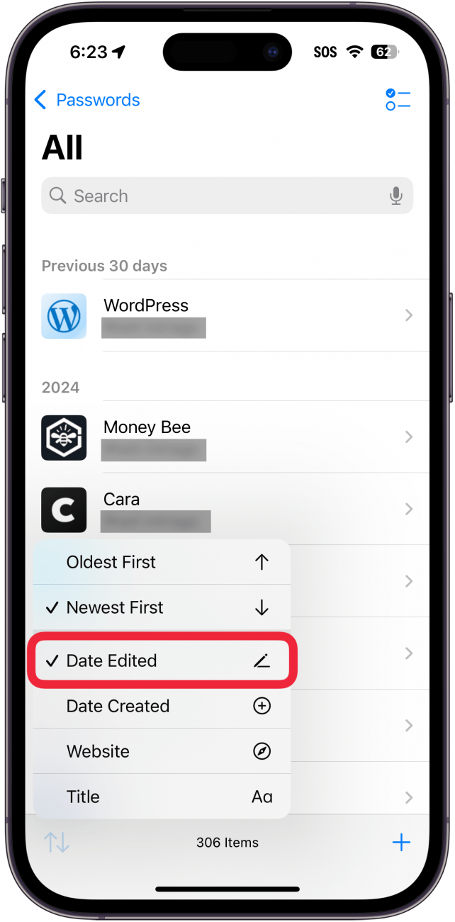 iphone passwords app all passwords menu displaying sort options with a red box around date edited