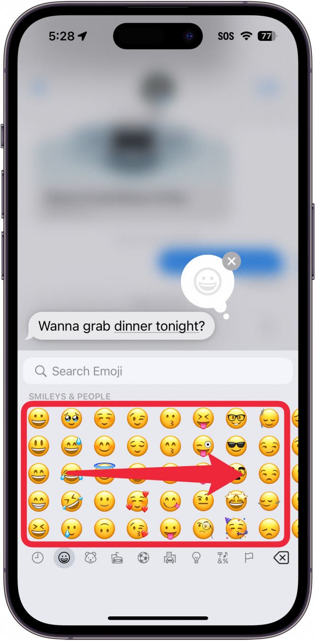 iphone messages app tapback menu displaying emojis keyboard, with a red box around emojis and an arrow pointing right, indicating to swipe right