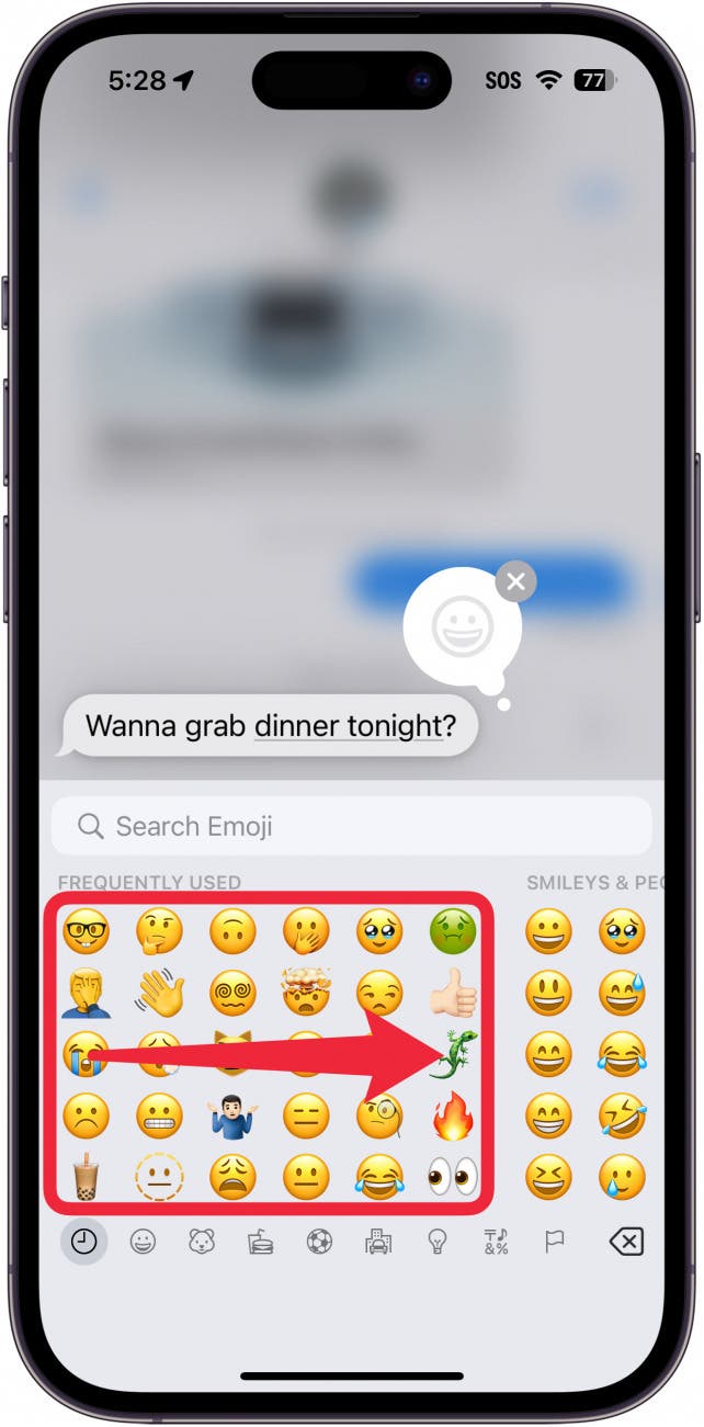 iphone messages app tapback menu displaying emojis keyboard with a red box around frequent emojis with a red arrow pointing right, indicating to swipe right