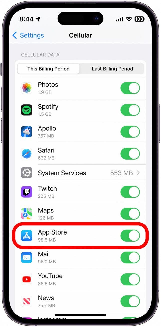 Scroll down and find the App Store in the list under Cellular Data. Make sure the toggle is green and positioned to the right to indicate that the App Store has access to cellular data.