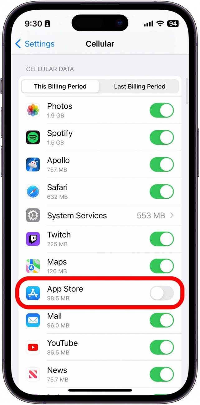 If the toggle is gray and positioned to the left, that means cellular data is disabled for that particular app. You can tap the toggle to enable it.