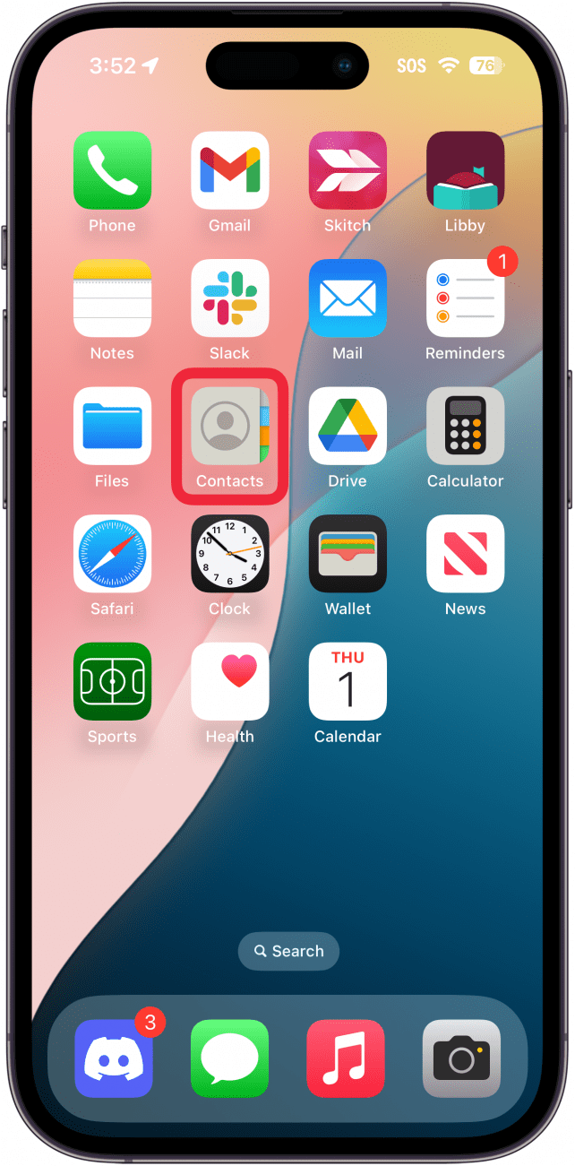 iphone home screen with a red box around the contacts app