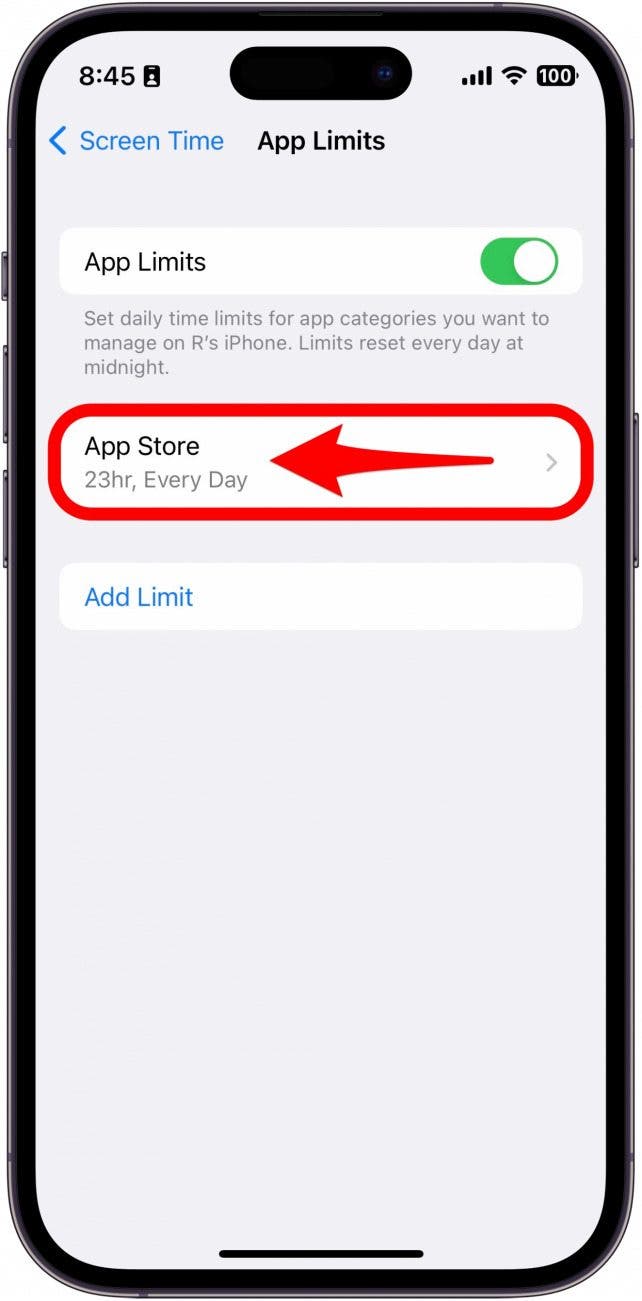 If you see an App Limit for the App Store, swipe left on it.