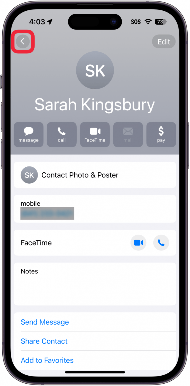 iphone contacts app displaying contact details with a red a box around arrow in the top left corner